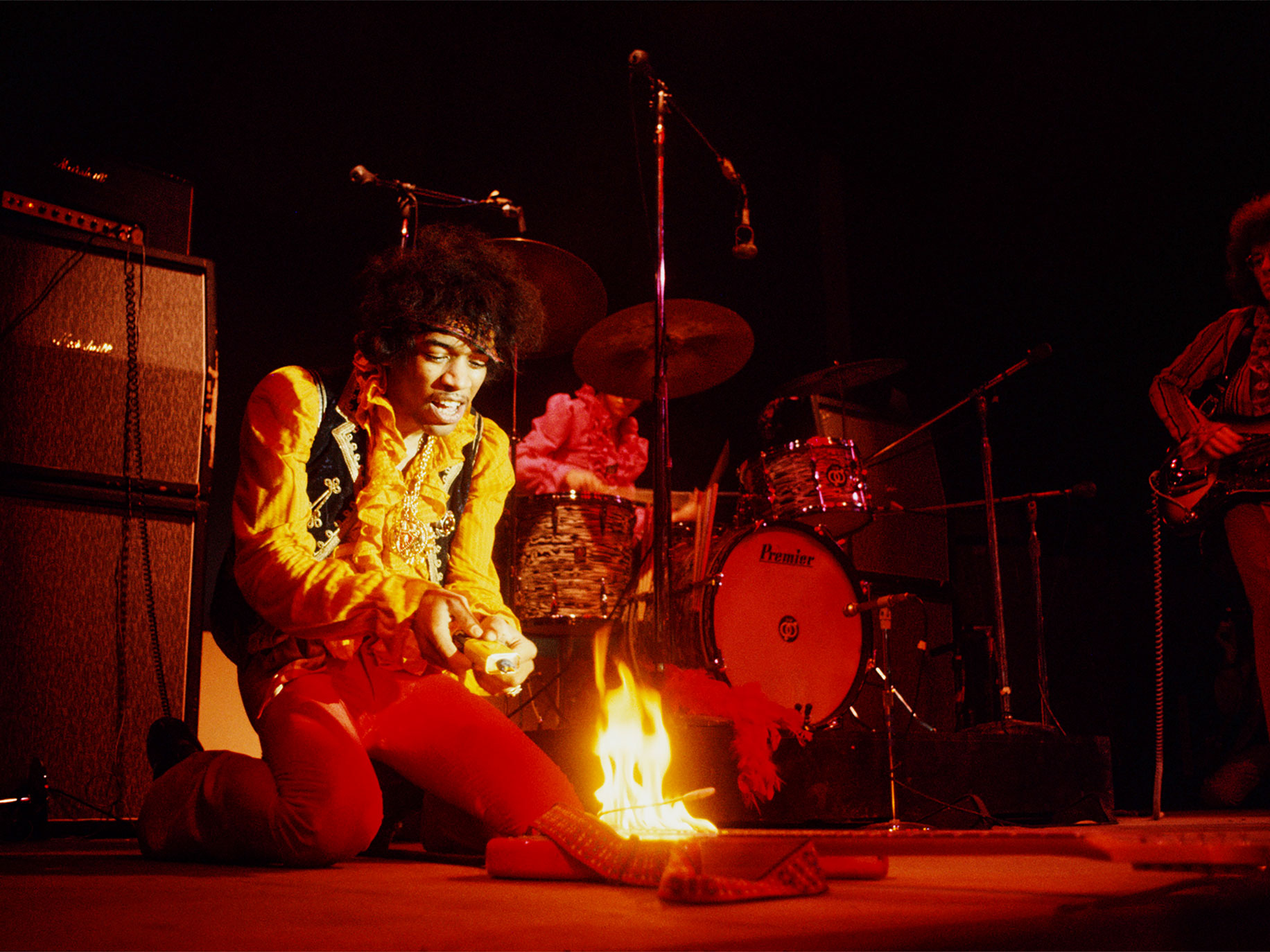 Jimi Hendrix lights guitar on fire during Monterey Pop Festival performance
