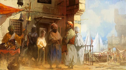 barbary slave trade featuring a caucasian slave being traded in Northern Africa