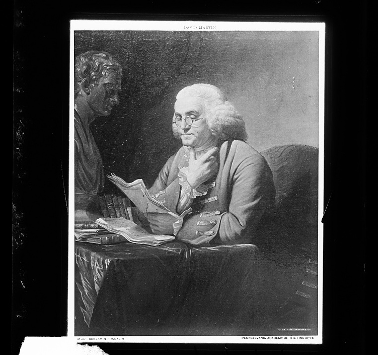 Ben Franklin writing his virtuous autobiography