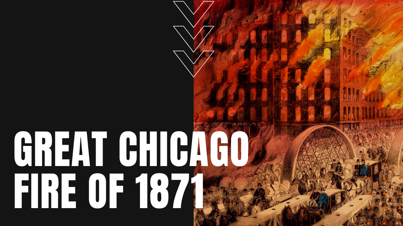 1871 Chicago burning with thousands of residents fleeing across the bridge
