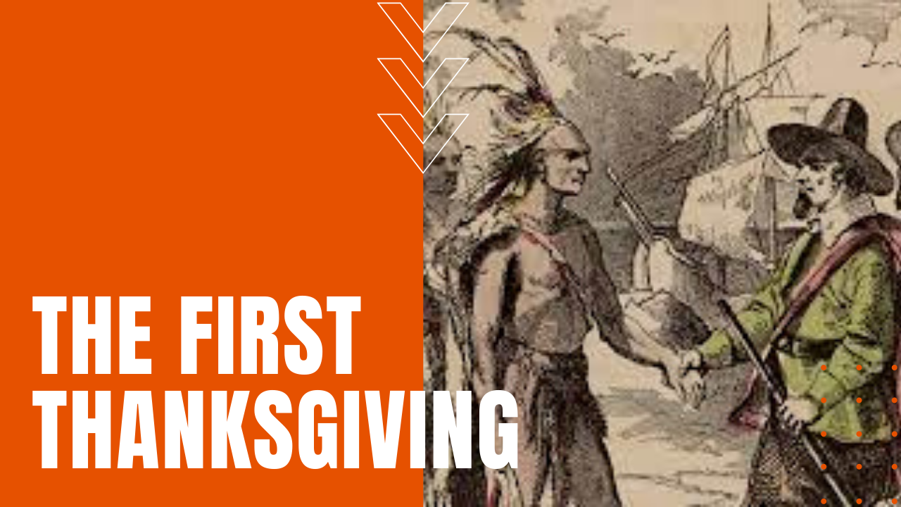 squanto and Governor William Bradford shake hands before the first Thanksgiving