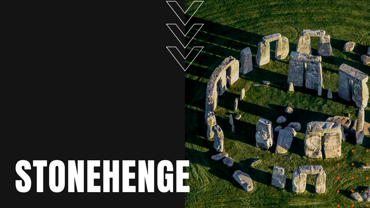 Stonehenge viewed from above to show circular henges and text overlay