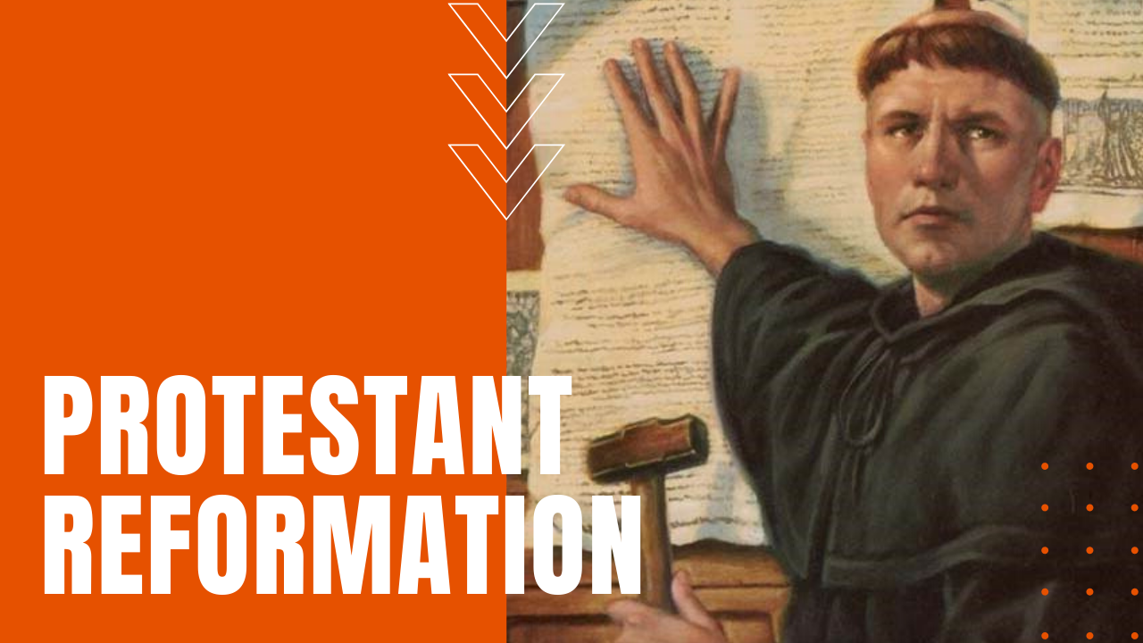 protestant reformation with Martin Luther nailing his 95 Theses to the Catholic Church