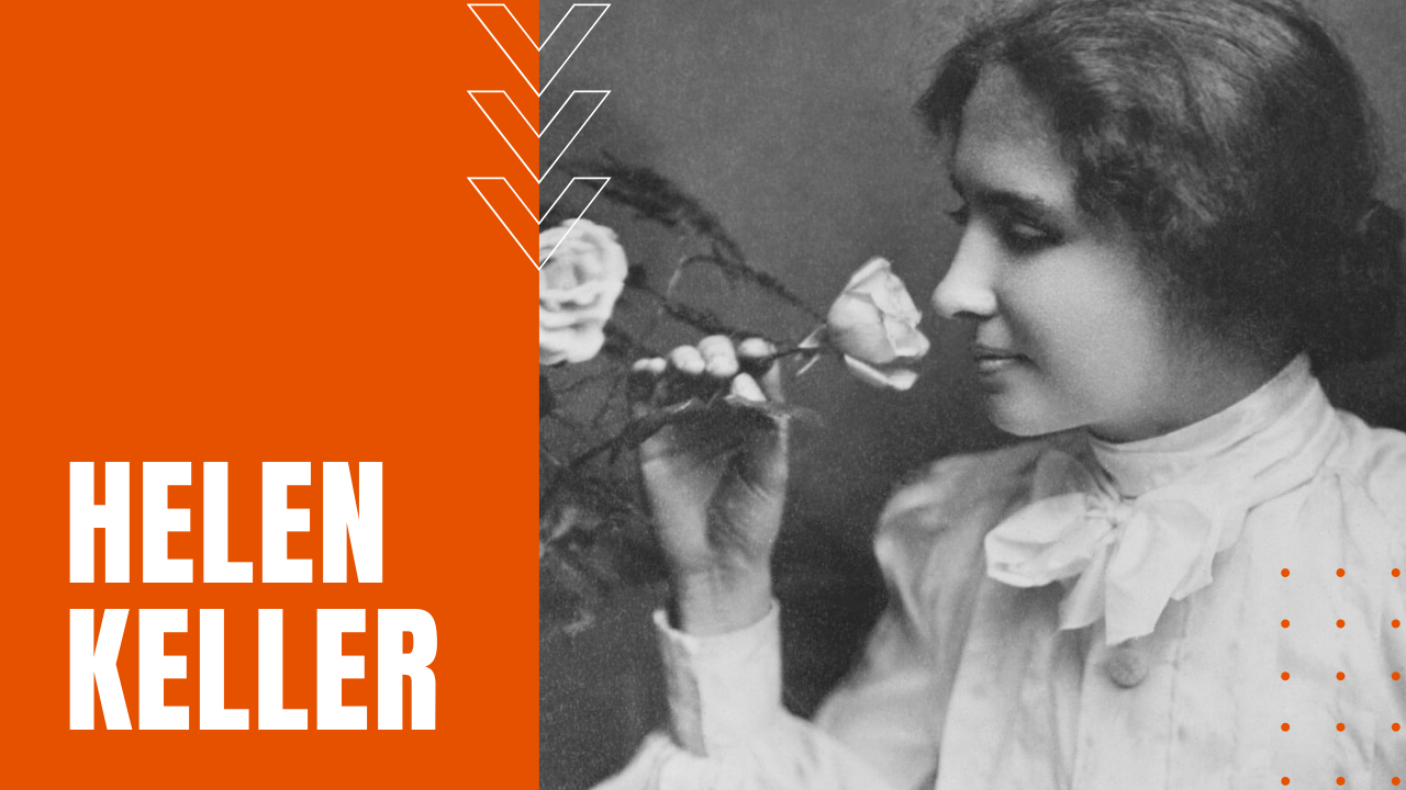 Helen Keller uses on of her remaining senses to smell a flower