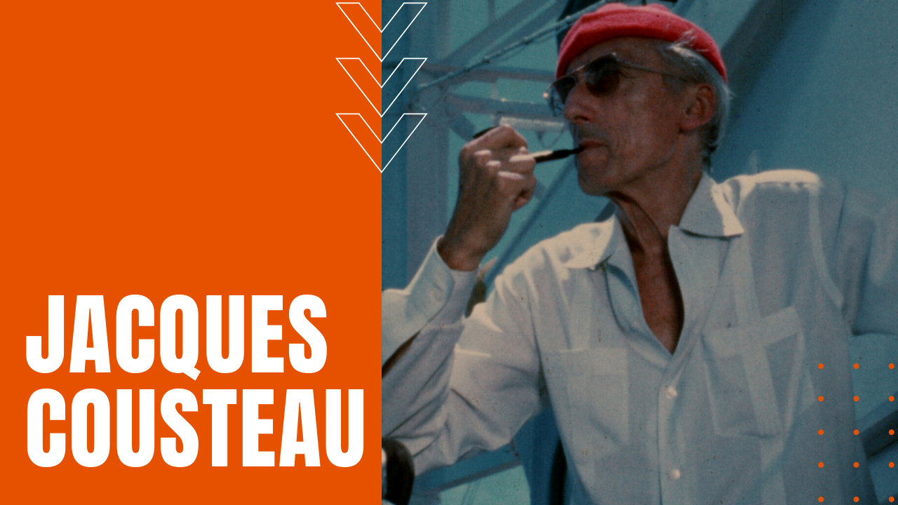 Jacques Cousteau smoking a pipe on a boat in an ocean exploration mission