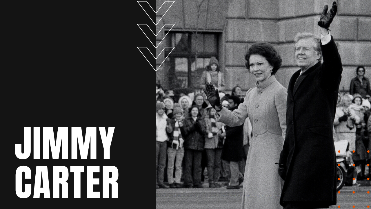 President Jimmy Carter and first lady waving to audience in 1977