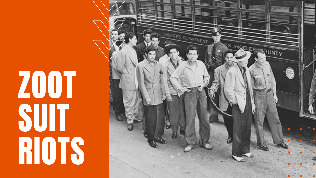 zoot suit minorities lined up outside of Los Angeles Police Department bus during zoot suit riots of 1943