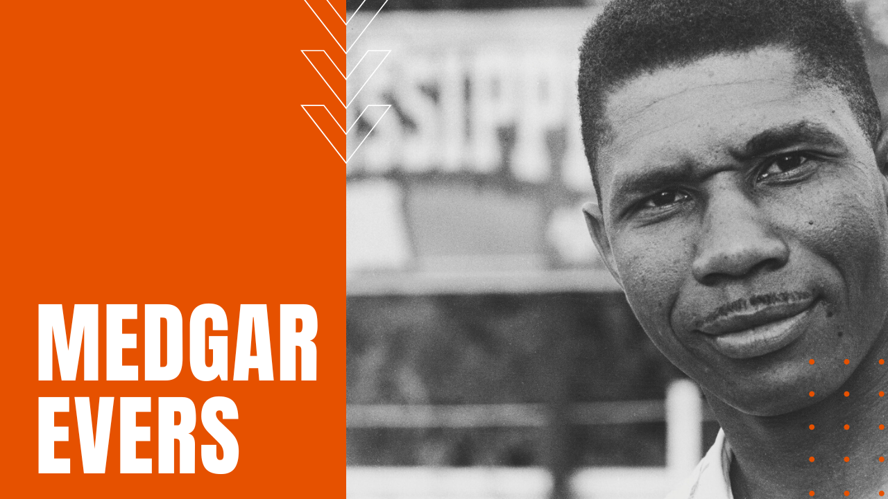 photo of Medgar Evers in front of Mississippi sign