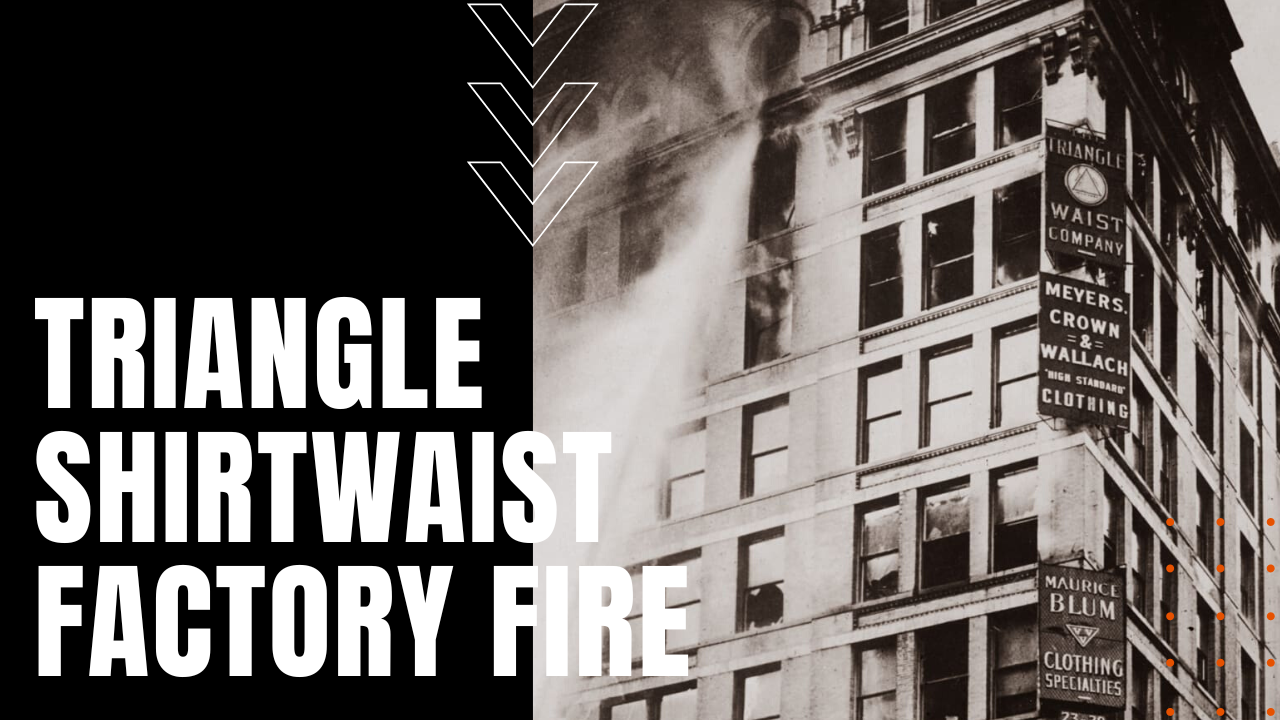 New York City building flames extinguished with signage for Triangle Shirtwaist factory.
