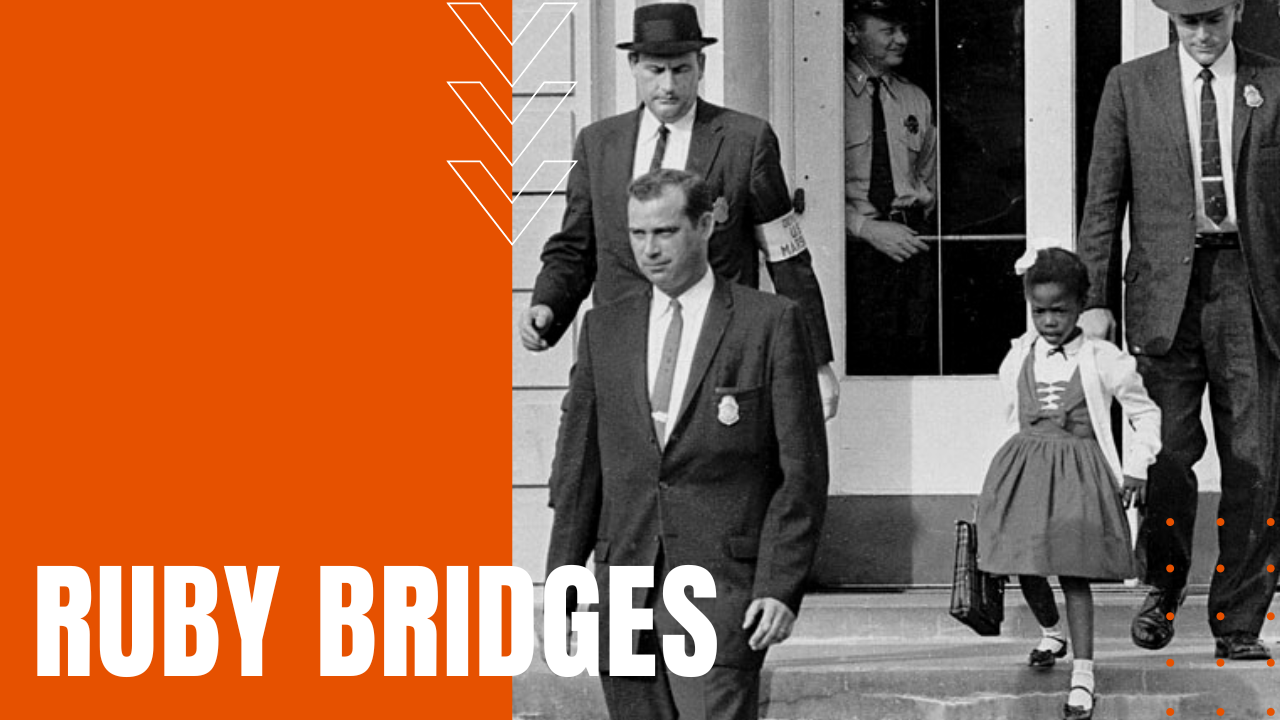 Ruby Bridges escorted to and from traditionally segregated school.