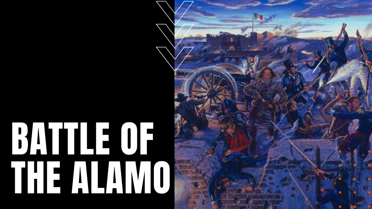 Artist's depiction of the Battle of the Alamo with text.