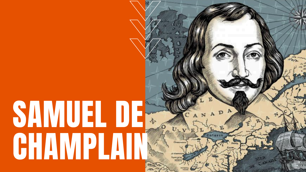 Samuel de Champlain over a map of his exploratory Canadian conquests.