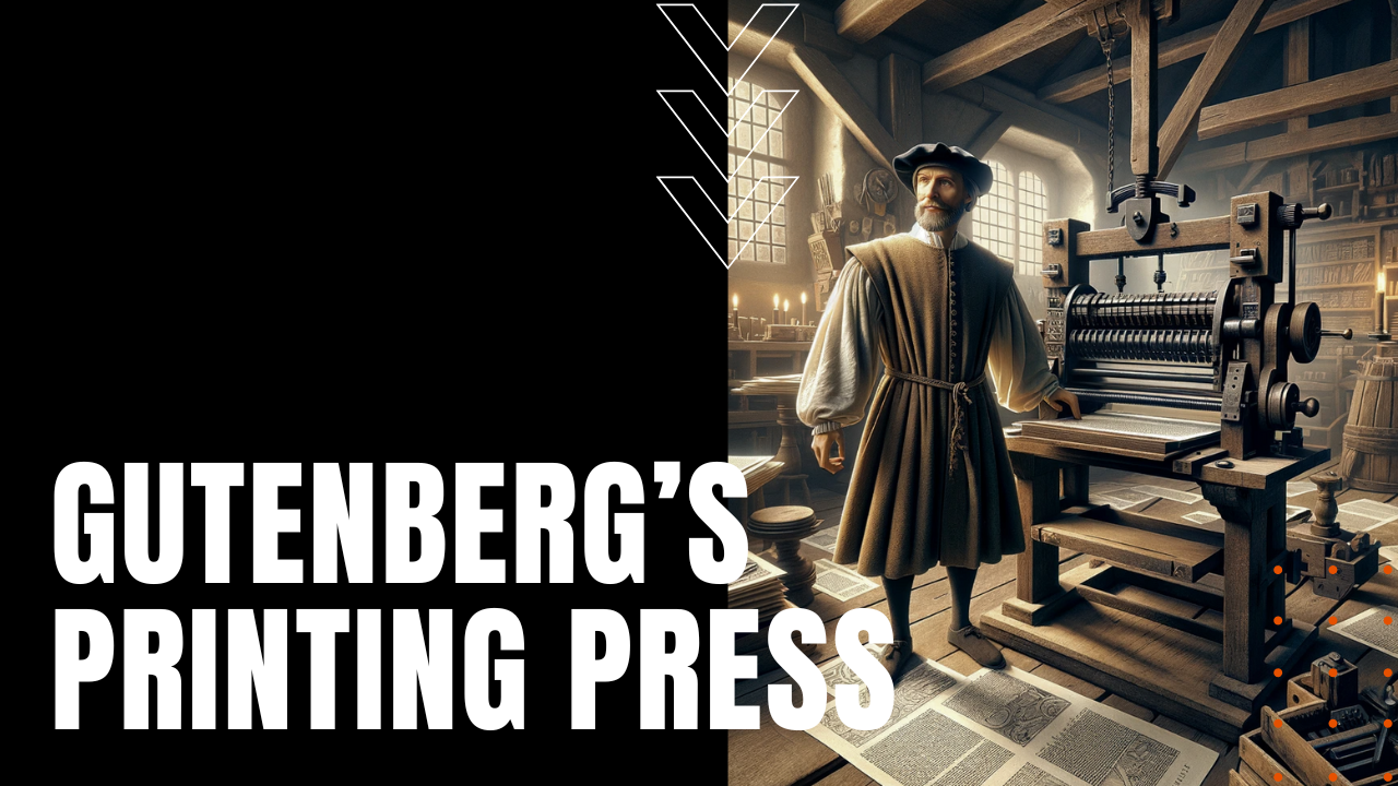 Johannes Gutenberg stands beside his famous printing press innovation.