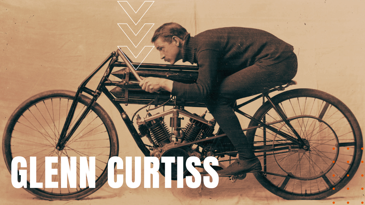 Glenn Curtiss with his motorized bicycle that broke the land speed record.