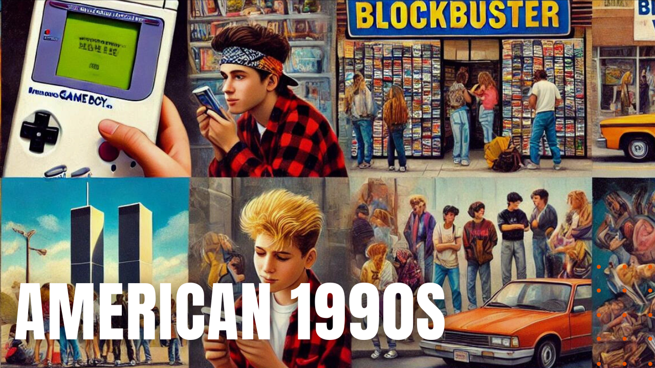 Collage of the American 1990s including gameboy and blockbuster video.